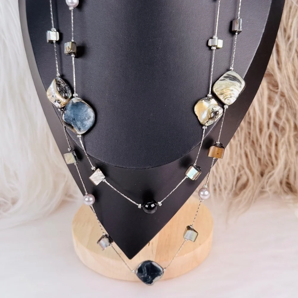 Bohemian island chic, shell faux pearl Silvertone long layering necklace